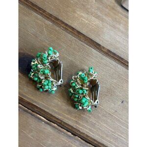 Marked Hong Kong Vintage Gold-Tone Clip-On Earrings With Green Bead Clusters